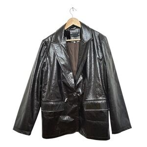 ASOS Chocolate‎ Brown Single Button Crinkle Faux Leather Blazer Jacket Sz 8 Tall